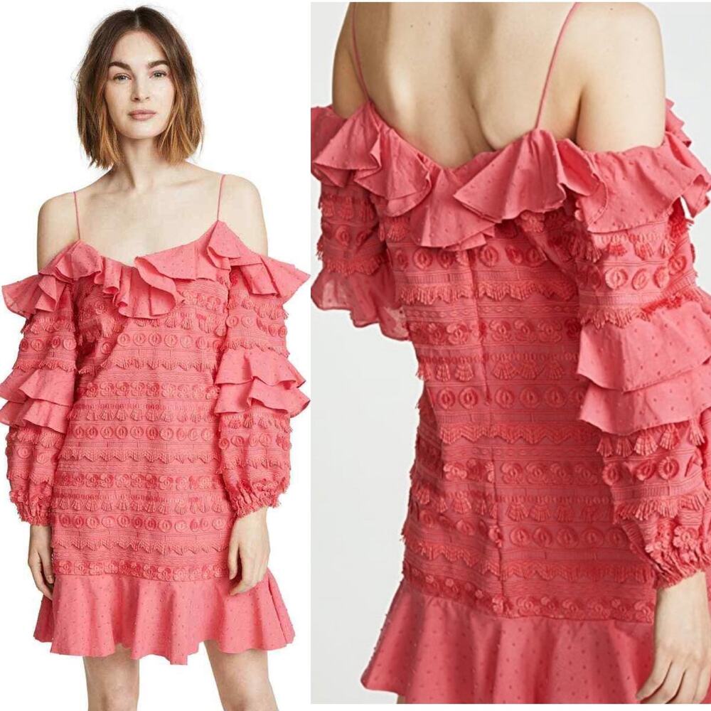 Alexis Calypso Ruffled Off Shoulder Rouge Coral Pink Embroidered Mini Dress XS - Picture 2 of 16